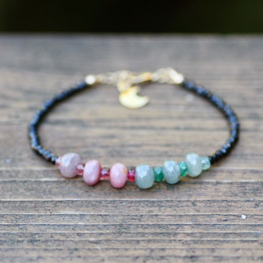 Sparkling Natural Black Spinel , Emerald and Sapphire Bracelet 14K Gold Filled - Picture 6 of 10